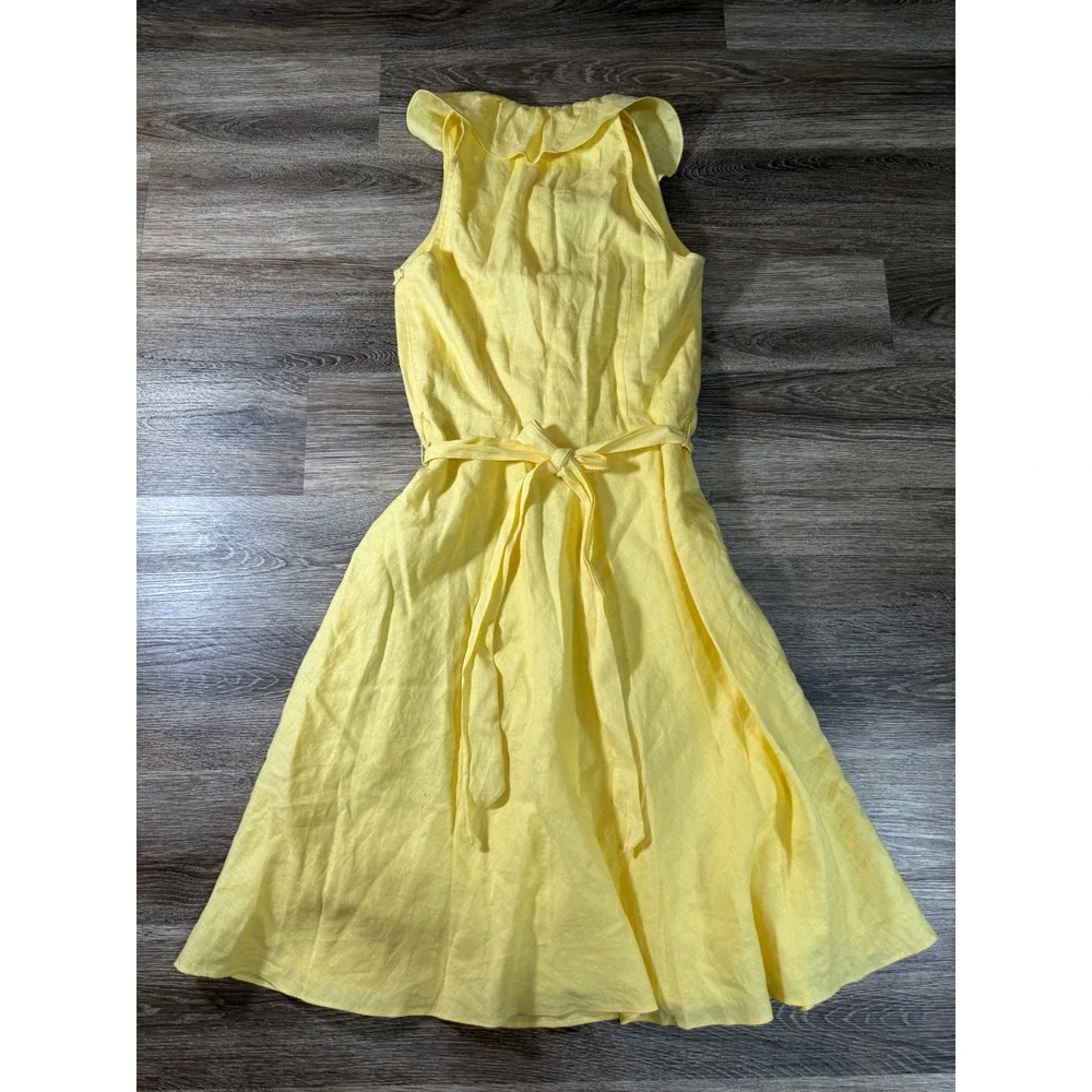 American Living 100%‎ Linen Dress Ruffle Sleeveless Belted Yellow Size 6 Preppy